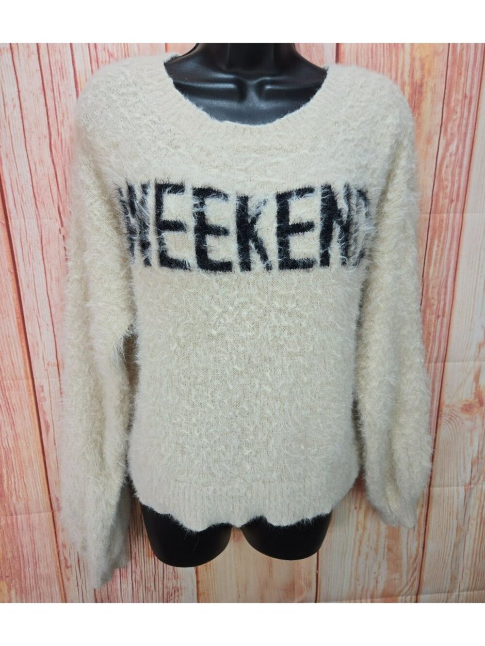 American Eagle Womens Beige Fuzzy SweaterSmall With "Weekend" Graphic